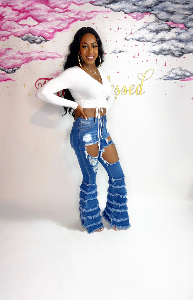 Ruffle Distressed Bell Bottom Jeans – Forever Blessed Boutique