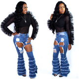 Ruffle Distressed Bell Bottom Jeans